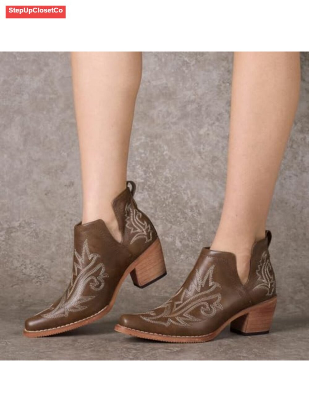 Women's Cowgirl Ankle Boots with Chunky Heel, Square Toe, Vegan Leather - Picture 2 of 6